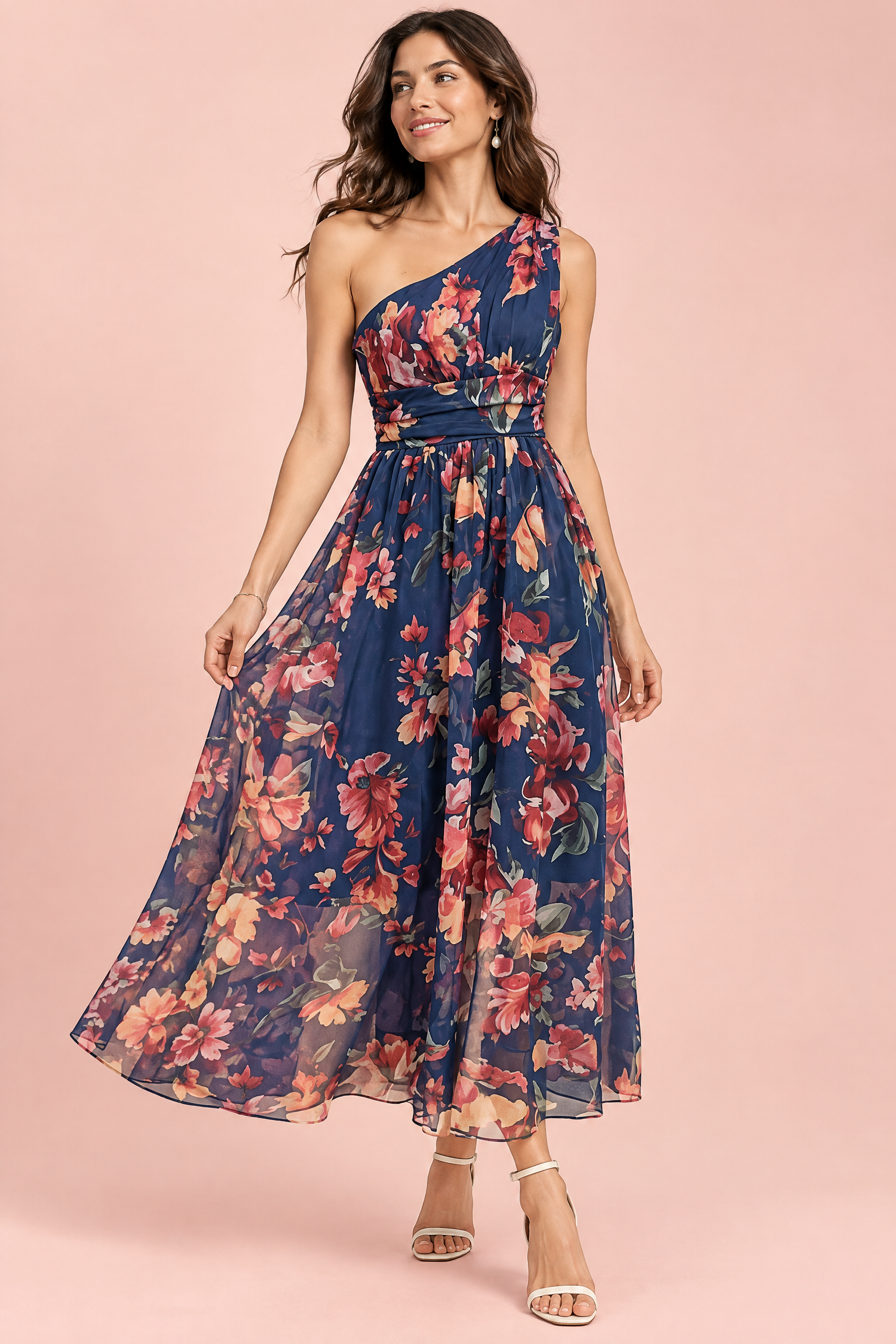 Robe longue fleurie bleue à une épaule, coupe trapèze | Vue de face | Lounelle Paris