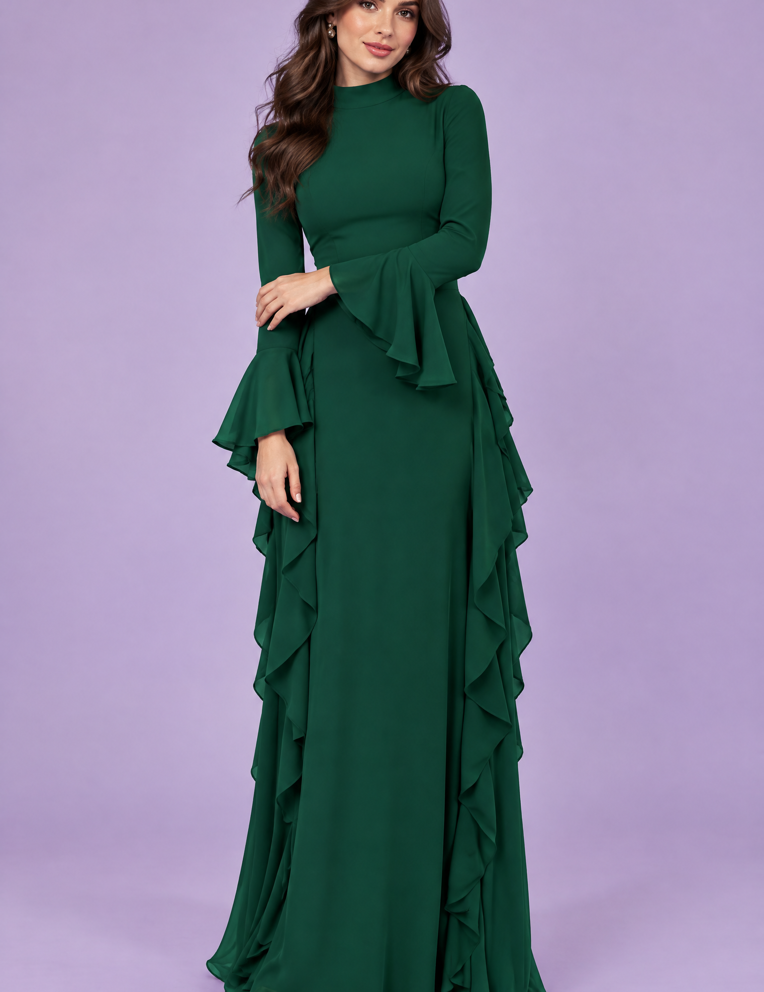 Robe longue verte à volants et manches cloche | Vue de face | Lounelle Paris