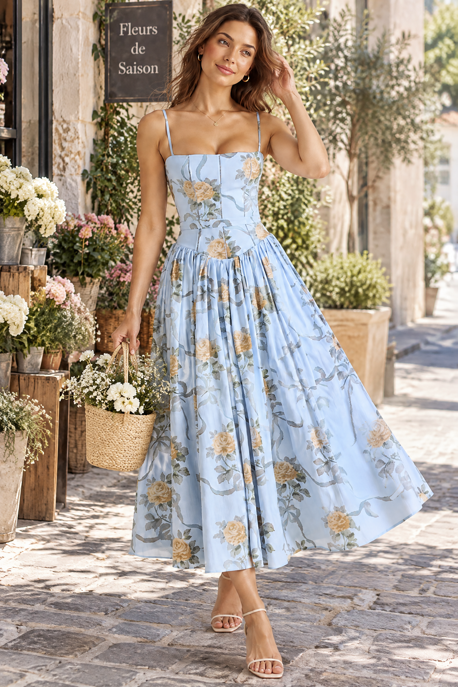 Robe longue bleue à corset | Photo lifestyle | Lounelle Paris