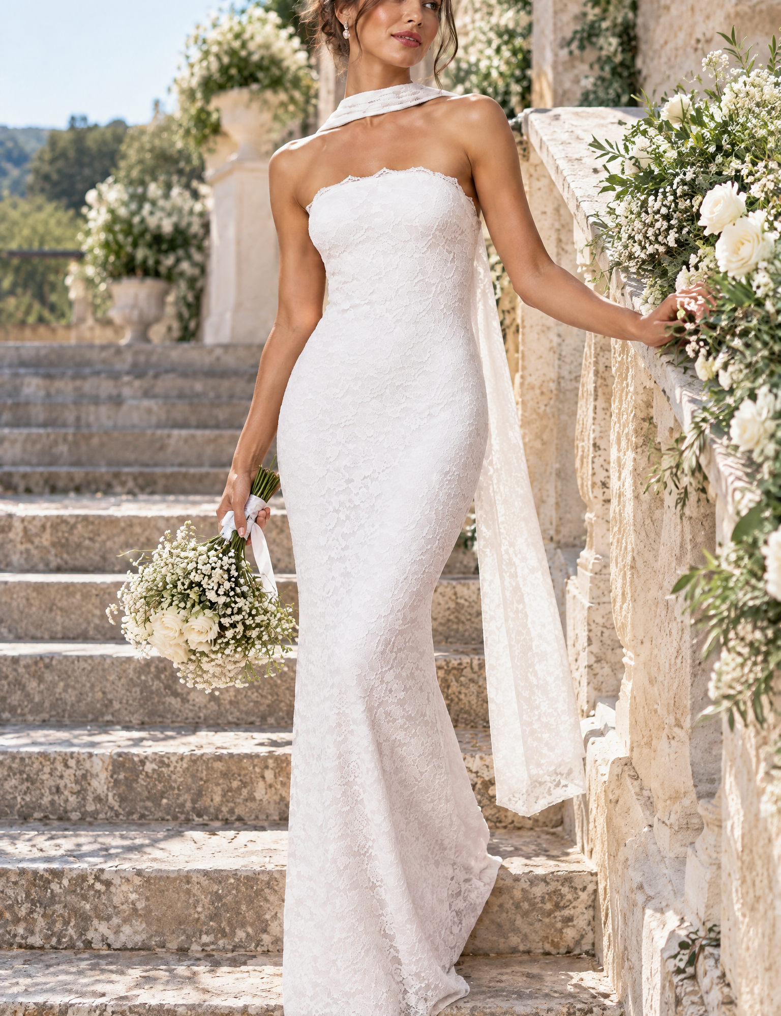 Robe longue moulante blanche en dentelle, bustier avec détail foulard | Photo lifestyle | Lounelle Paris