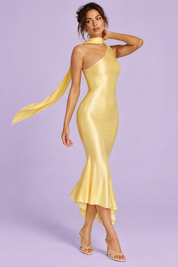 Robe midi jaune dos nu avec foulard | Vue de face | Lounelle Paris