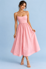 Rosa plissiertes Midikleid mit tailliert ausgestellter Silhouette