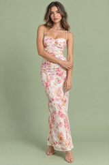 Offwhite Midi-Kleid mit Blumenmuster, gedrehter Front und asymmetrischem Saum