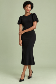 Robe midi noire à manches bouffantes | Vue de face | Lounelle Paris