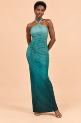 Türkisfarbenes Ombré-Maxikleid mit Neckholder und Raffungen