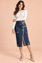 Blauer High-Waist-Bleistiftrock in Midilänge