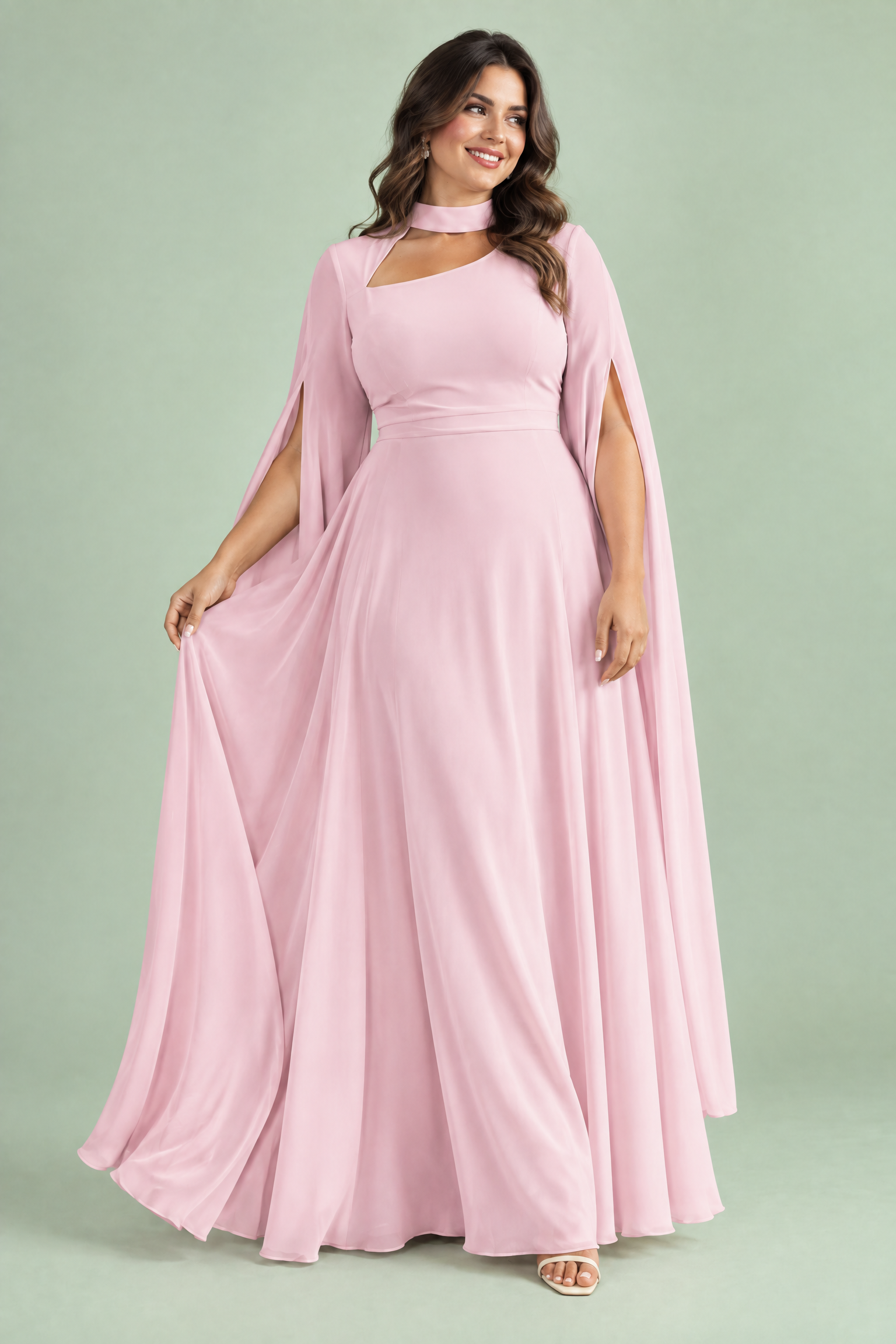Robe longue rose à encolure carrée et manches cape | Porté sur une silhouette plus ronde | Lounelle Paris