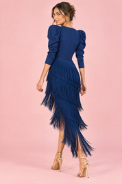 Robe bleu marine à franges et col V | Vue de dos | Lounelle Paris