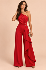 Roter Jumpsuit mit weitem Bein und asymmetrischem Ausschnitt