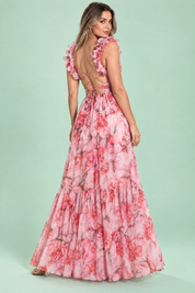 Robe longue rose fleurie à volants | Vue de dos | Lounelle Paris