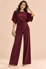 Bordeauxfarbenes plissiertes Hosen-Set mit Wickelfront und weitem Bein