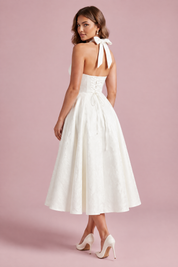 Robe midi jacquard à encolure dos nu écru | Vue de dos | Lounelle Paris