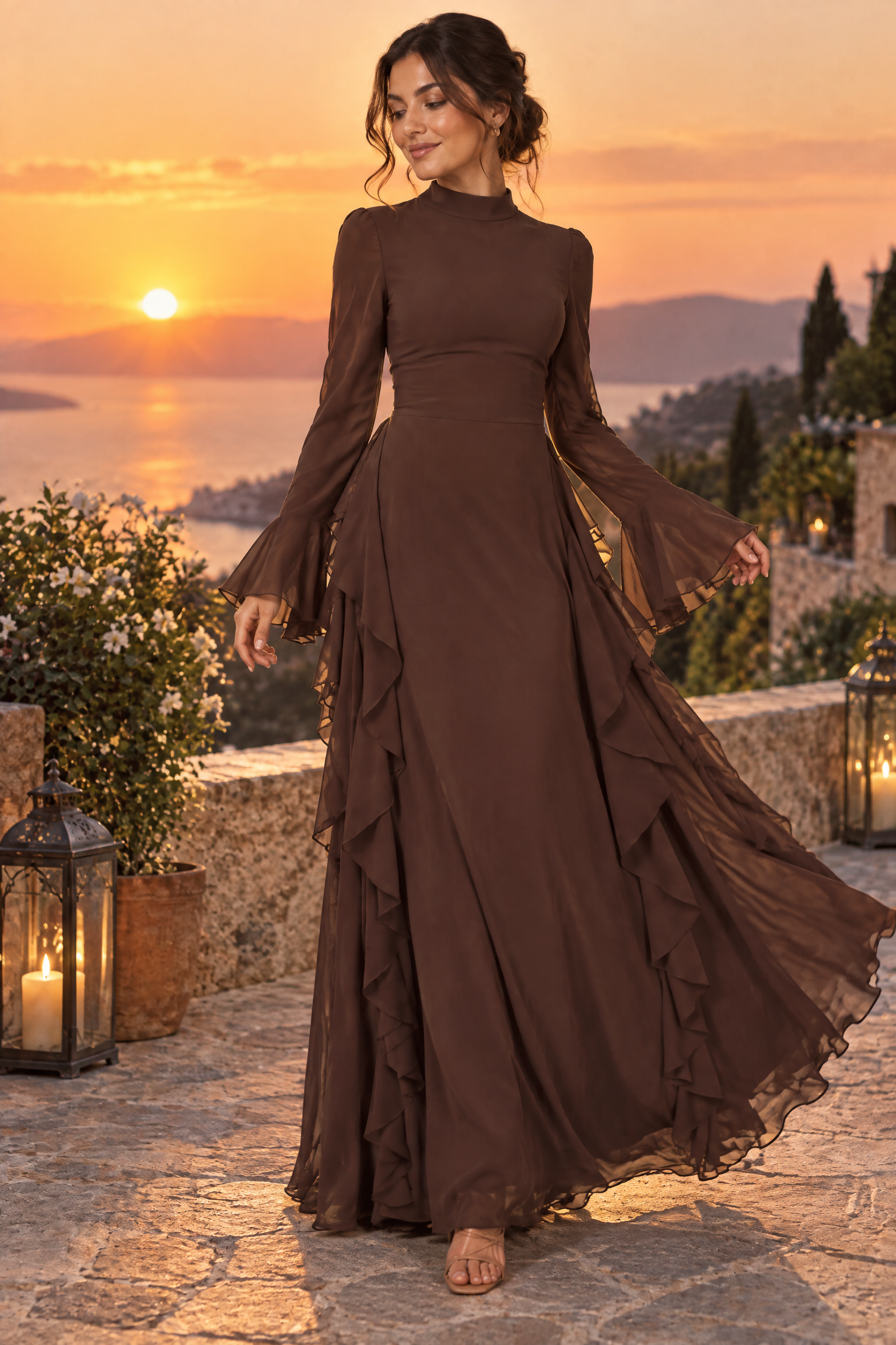 Robe longue marron à volants et manches cloche | Deuxième photo lifestyle | Lounelle Paris