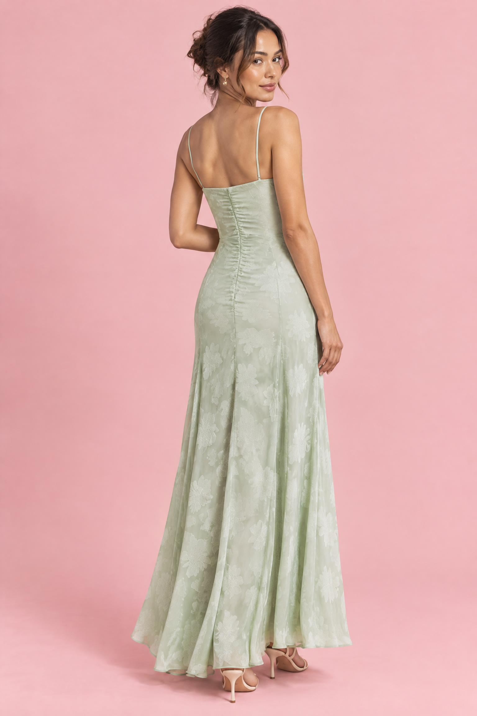 Robe longue fleurie vert clair | Vue de dos | Lounelle Paris