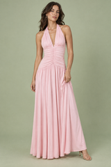 Pinkes Maxikleid mit tiefem V-Ausschnitt und Raffdetails