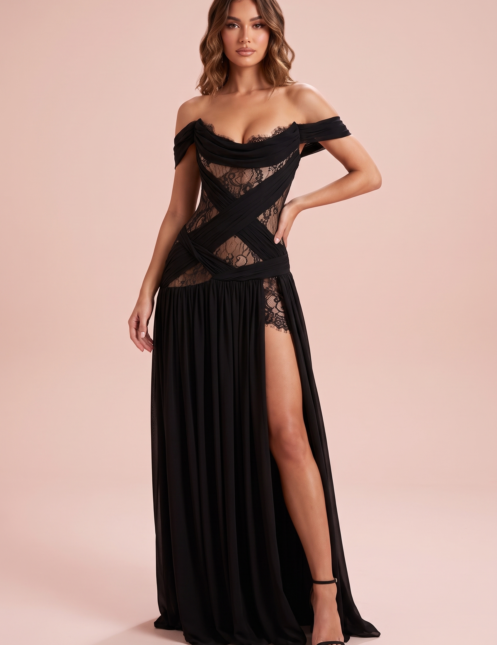 Robe noire à découpes et col bénitier | Vue de face | Lounelle Paris