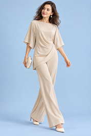 Ensemble pantalon beige plissé effet portefeuille | Vue en mouvement | Lounelle Paris