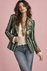 Grüner taillierter Blazer mit Blumen- und Streifenmuster