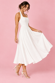Robe midi patineuse blanche à encolure américaine | Vue de dos | Lounelle Paris
