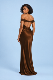 Robe longue froncée marron épaules dénudées | Vue de dos | Lounelle Paris