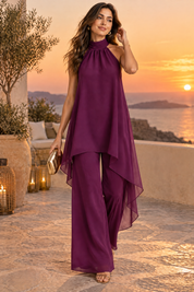 Ensemble pantalon violet en mousseline à col dos nu | Deuxième photo lifestyle | Lounelle Paris