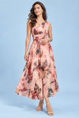 Geblümtes Maxikleid in Pink mit One-Shoulder-Ausschnitt und A-Linie