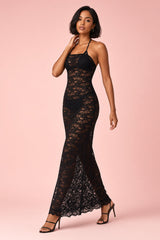 Schwarzes Spitzen-Maxikleid im Bandeau-Stil mit Schal-Detail