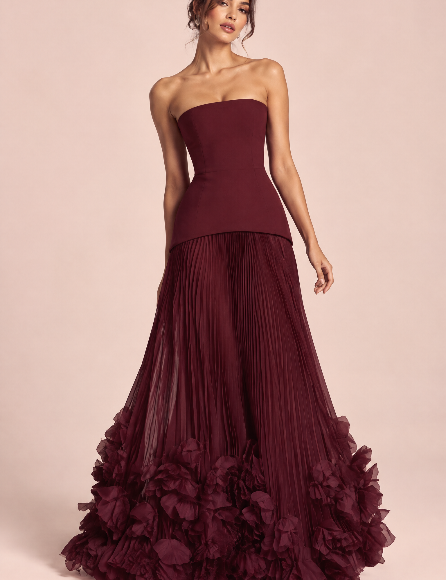 Robe longue bustier plissée rouge | Vue de face | Lounelle Paris