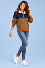 Pull marron à empiècements contrastés et demi-zip | Vue de dos | Lounelle Paris