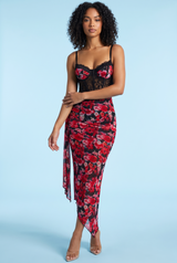 Leoparden-Mesh-Maxikleid mit V-Ausschnitt und hohem Schlitz vorne – Rot