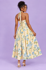 Robe longue jaune dos nu à rayures et motifs floraux | Vue de dos | Lounelle Paris