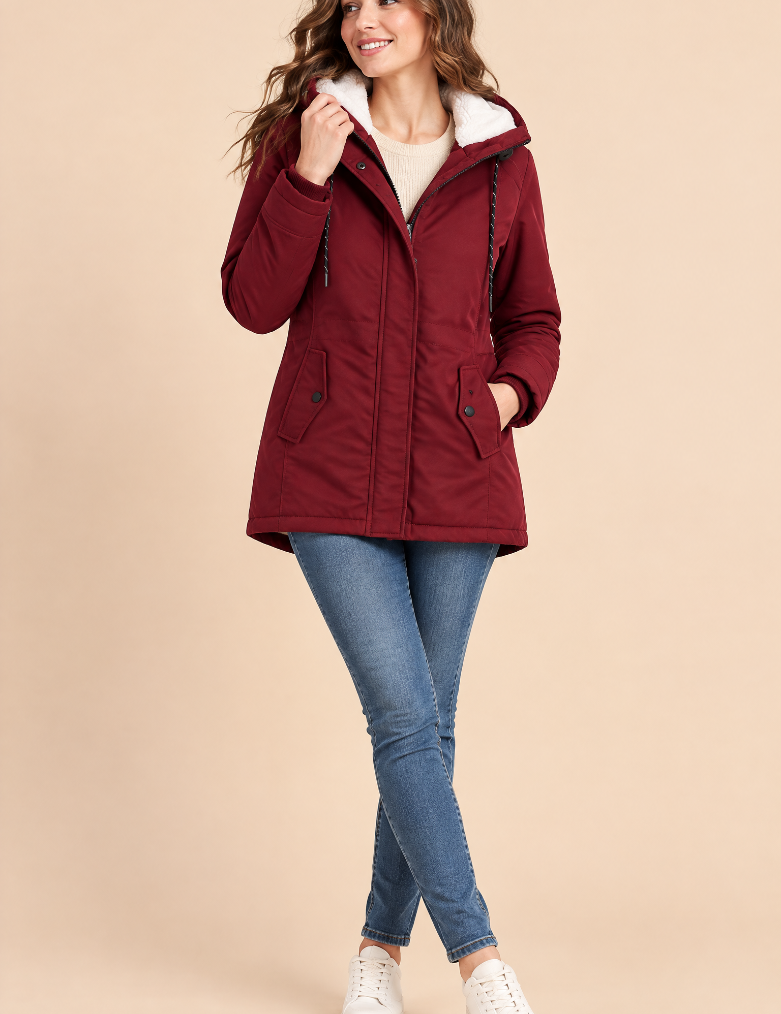 Parka bordeaux oversize à capuche | Vue de face | Lounelle Paris