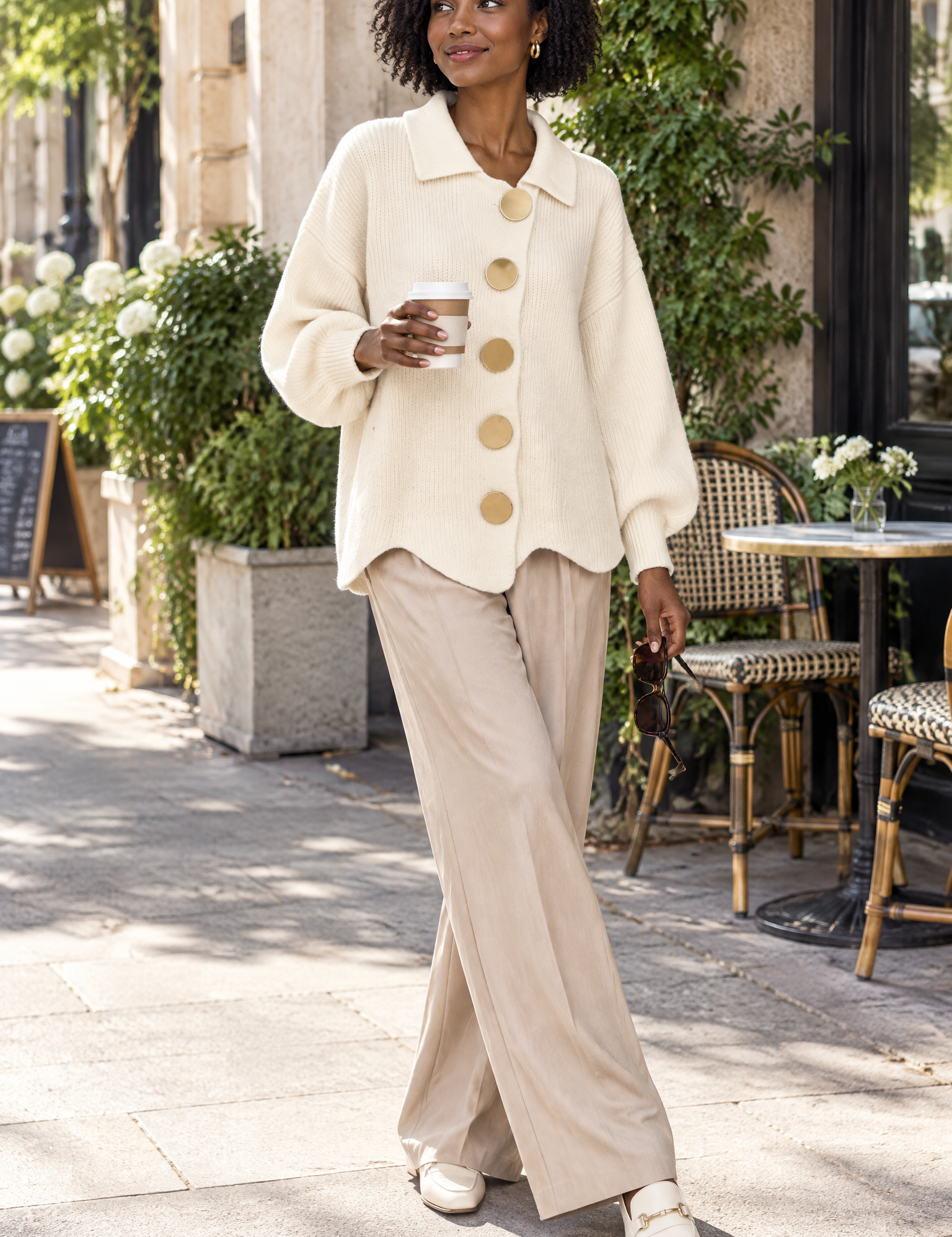 Cardigan oversize crème à col | Photo lifestyle | Lounelle Paris