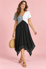 Asymmetrisches schwarzes Midikleid mit V-Ausschnitt