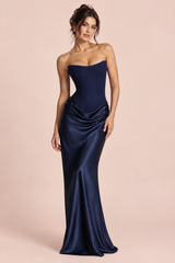 Marineblaues trägerloses Korsett-Maxikleid