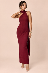 Bordeauxfarbenes Maxikleid mit asymmetrischem Ausschnitt und Kragen