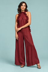 Ziegelrotes Maxikleid mit Rüschen und Neckholder