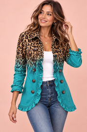 Veste ajustée turquoise à imprimé léopard | Vue de face | Lounelle Paris