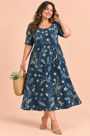 Robe midi trapèze à motif floral bleu marine | Porté sur une silhouette plus ronde | Lounelle Paris
