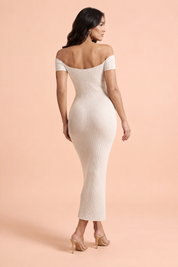 Robe midi blanc cassé à encolure découpée, épaules dénudées et manches courtes | Vue de dos | Lounelle Paris