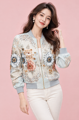Verzierte Bomberjacke mit Blumenmuster in Hellblau