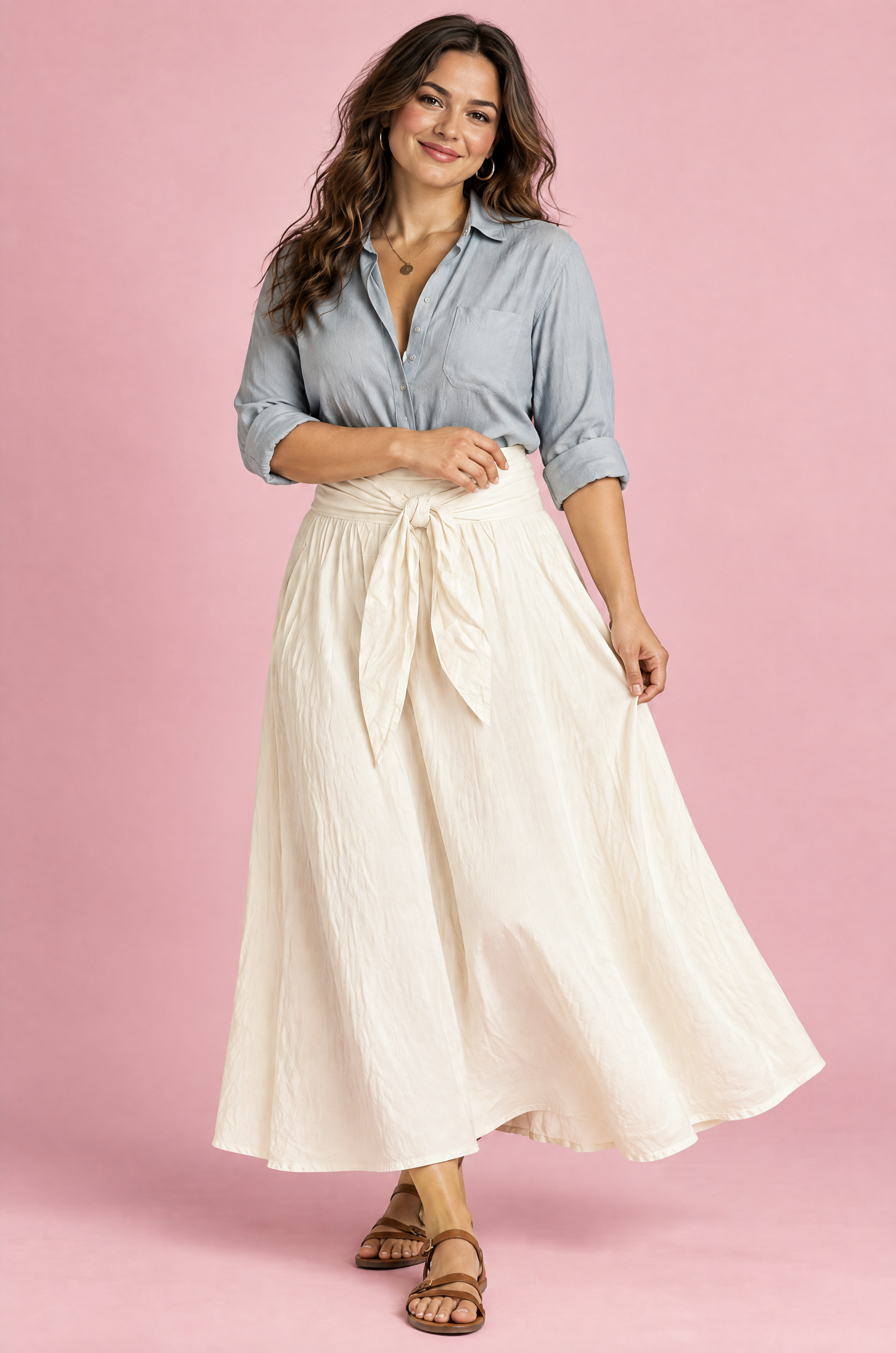Ensemble chemise et jupe longue blanc cassé à taille nouée | Porté sur une silhouette plus ronde | Lounelle Paris