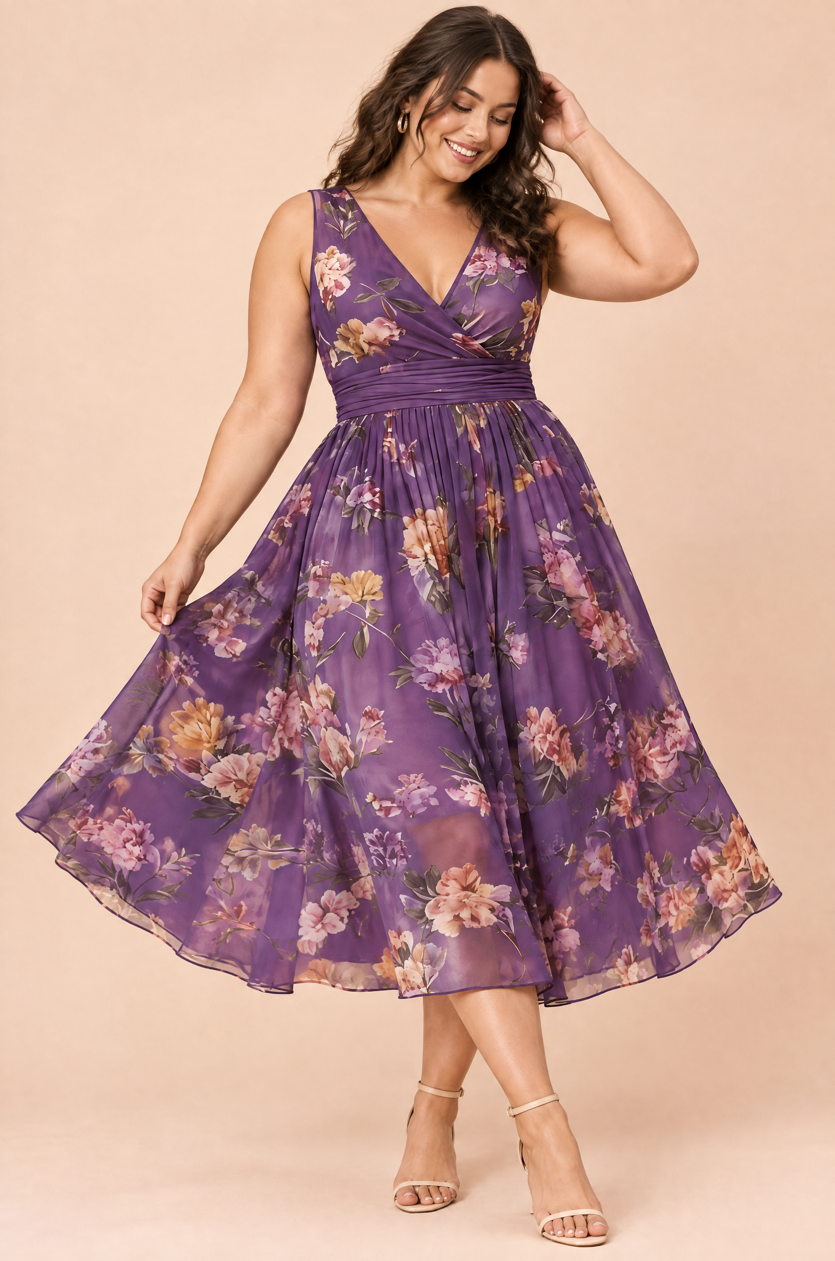 Robe midi violette à imprimé de bouquets floraux, col carré et coupe trapèze | Porté sur une silhouette plus ronde | Lounelle Paris