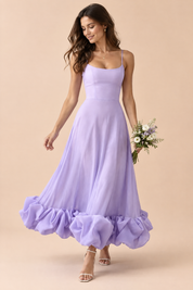 Robe midi lilas évasée à bas volanté | Vue de face | Lounelle Paris