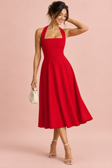 Rotes Midikleid in Skaterform mit eckigem Ausschnitt