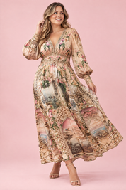 Robe longue beige à col V et manches bouffantes | Porté sur une autre silhouette | Lounelle Paris