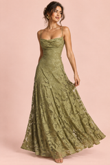 Olivgrünes Maxikleid mit Wasserfallausschnitt und Blumenmuster