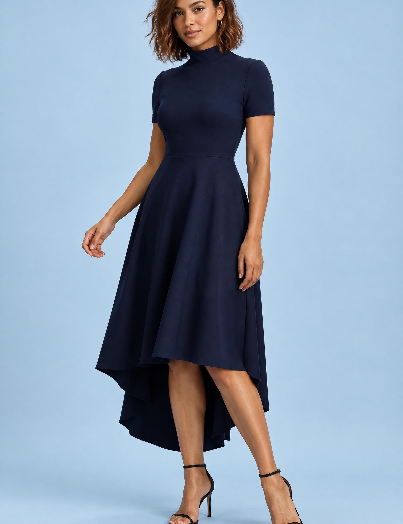 Robe midi asymétrique à col montant bleu marine | Vue de face | Lounelle Paris