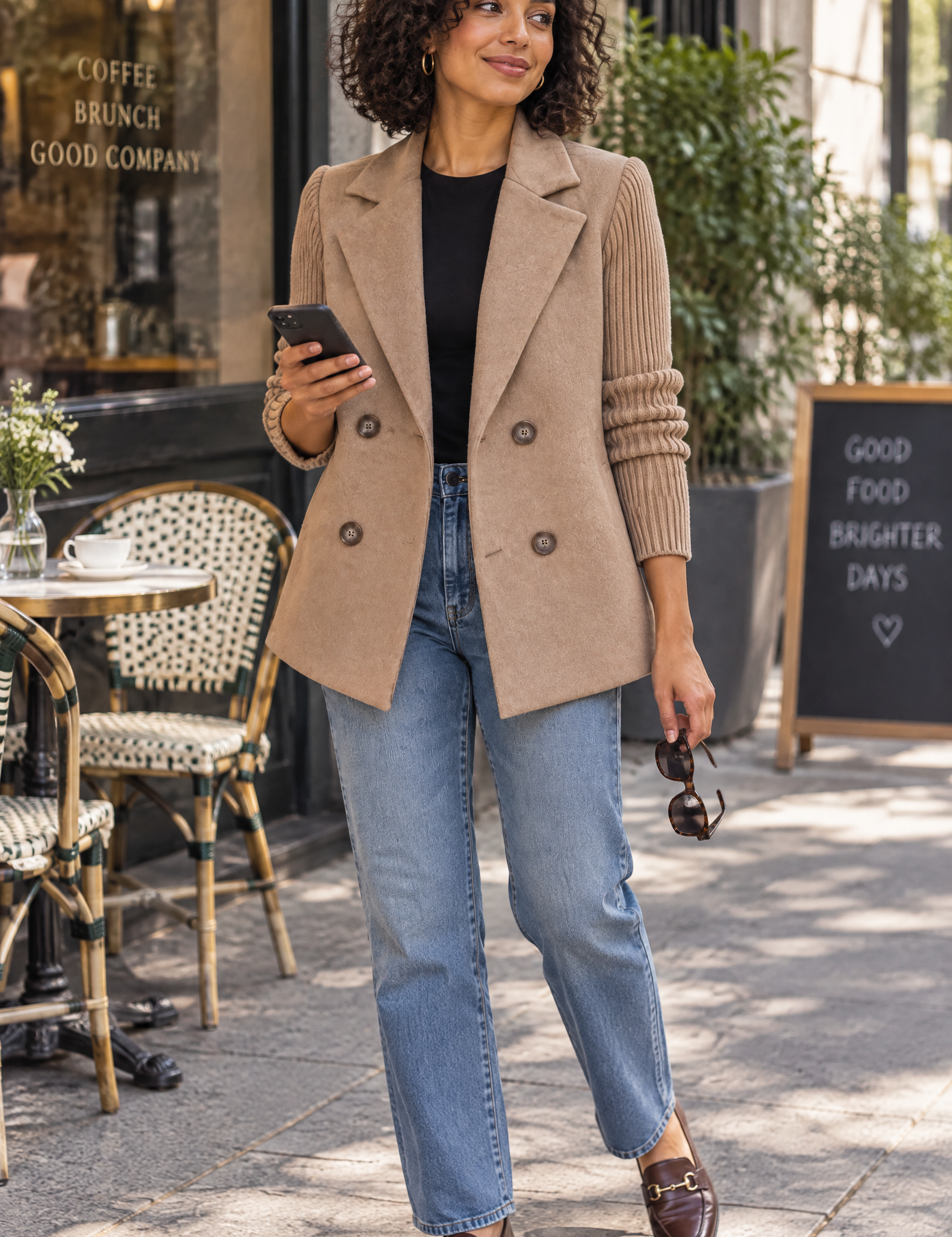 Blazer marron croisé à revers | Photo lifestyle | Lounelle Paris