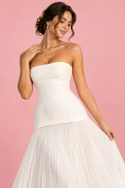 Robe longue bustier plissée blanche | Vue rapprochée | Lounelle Paris